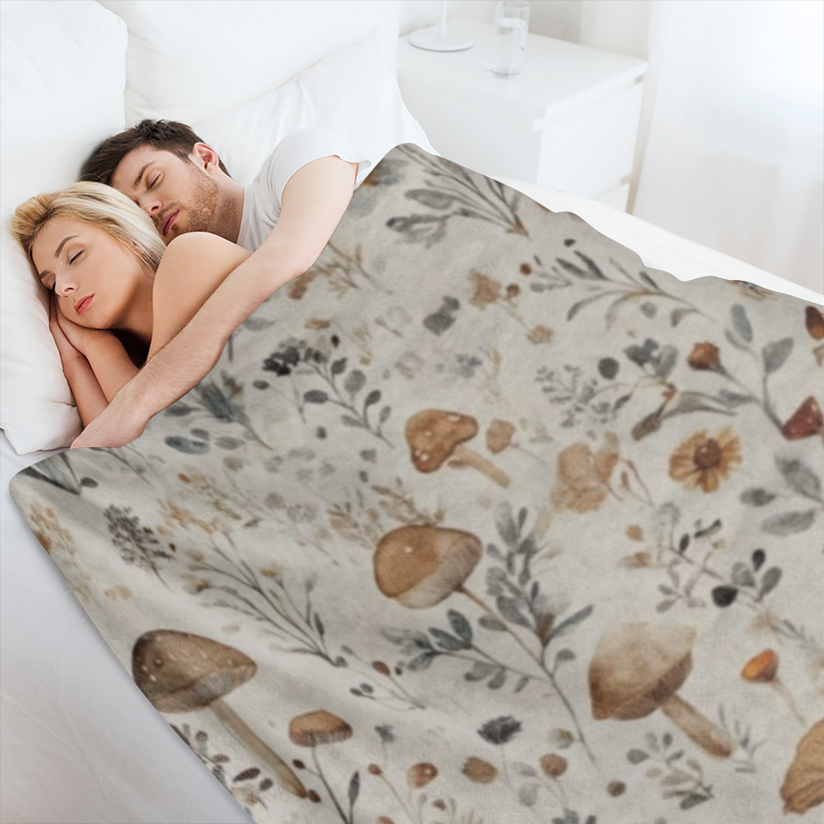 Cozy Vintage Mushroom & Floral Print Flannel Blanket - Soft, Warm Throw for Couch, Bed, Car, Office, Camping - Versatile All- Season Gift, for Autumn