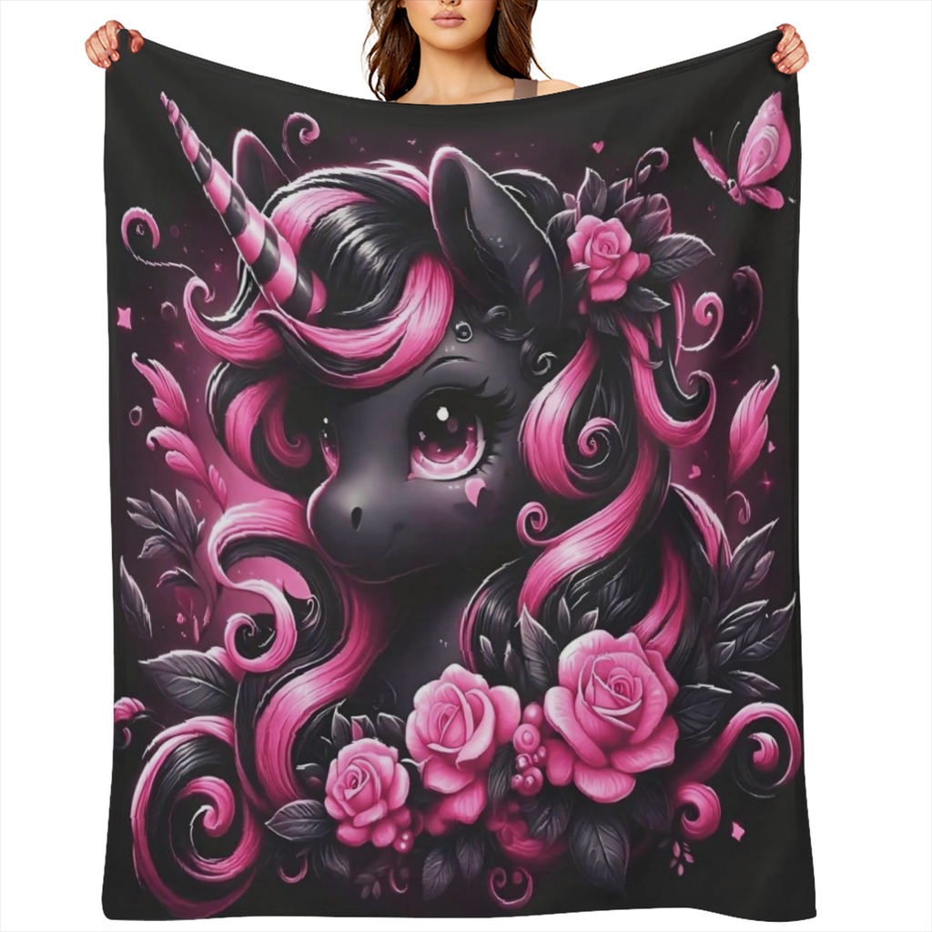 Black Flower Unicorn Gift Flannel Digital Print Air Conditioning Lunch Blanket Comfortable Soft Sofa Small Cover