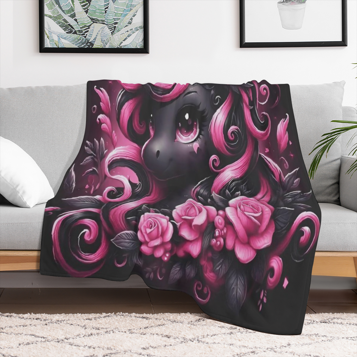 Black Flower Unicorn Gift Flannel Digital Print Air Conditioning Lunch Blanket Comfortable Soft Sofa Small Cover