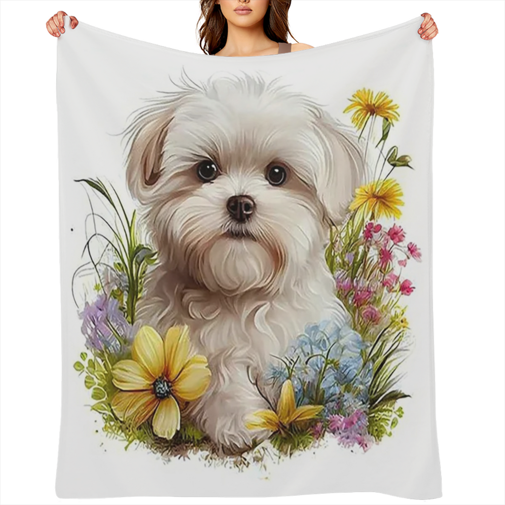 1pc Manta de Franela con Estampado de Cachorro Blanco Adorable y Flores, Suave, C¨¢lida, Acogedora, Lavable a M¨¢quina, Manta para Todas las Estaciones para Sof¨¢, Cama, Coche, Camping, Oficina, Decor