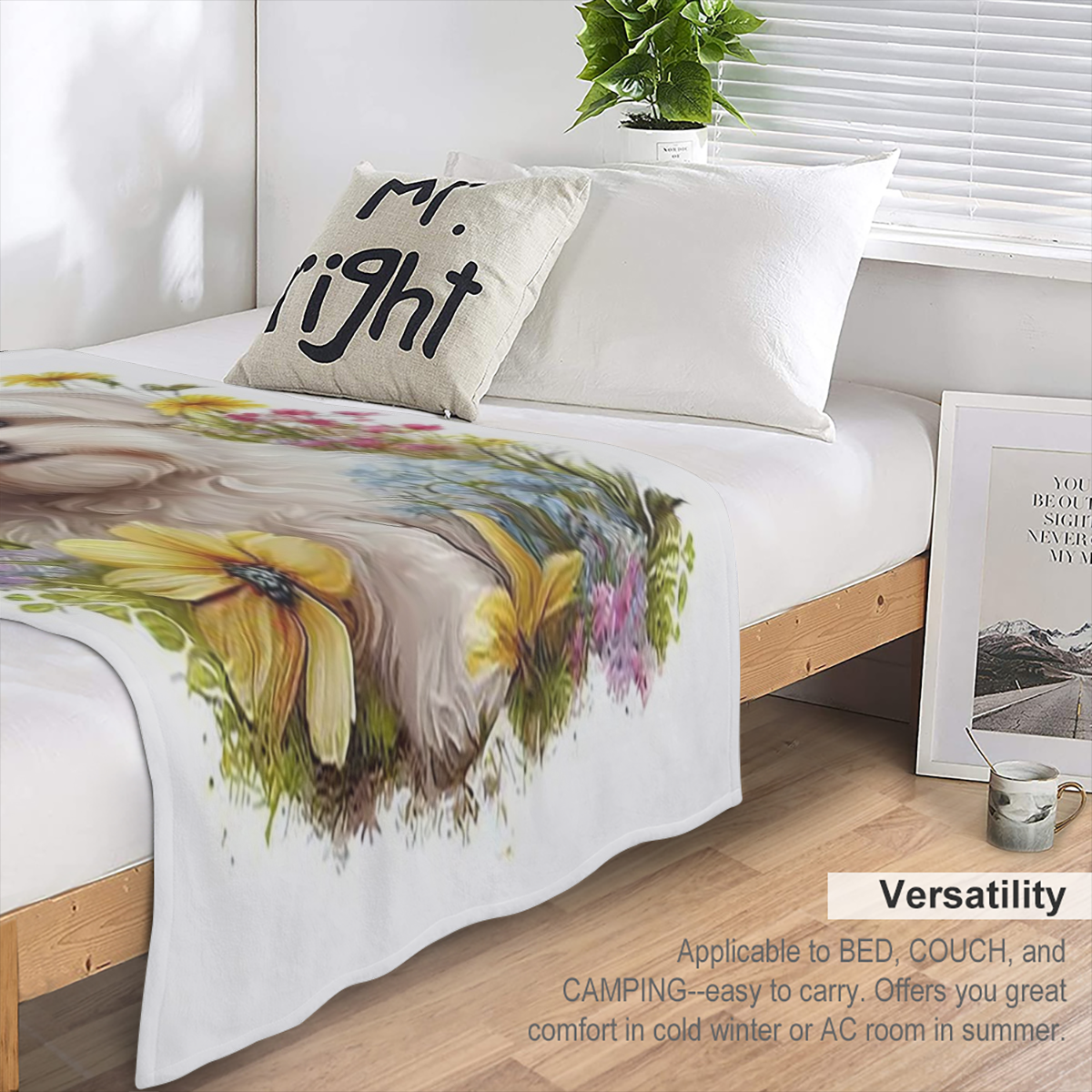1pc Manta de Franela con Estampado de Cachorro Blanco Adorable y Flores, Suave, C¨¢lida, Acogedora, Lavable a M¨¢quina, Manta para Todas las Estaciones para Sof¨¢, Cama, Coche, Camping, Oficina, Decor