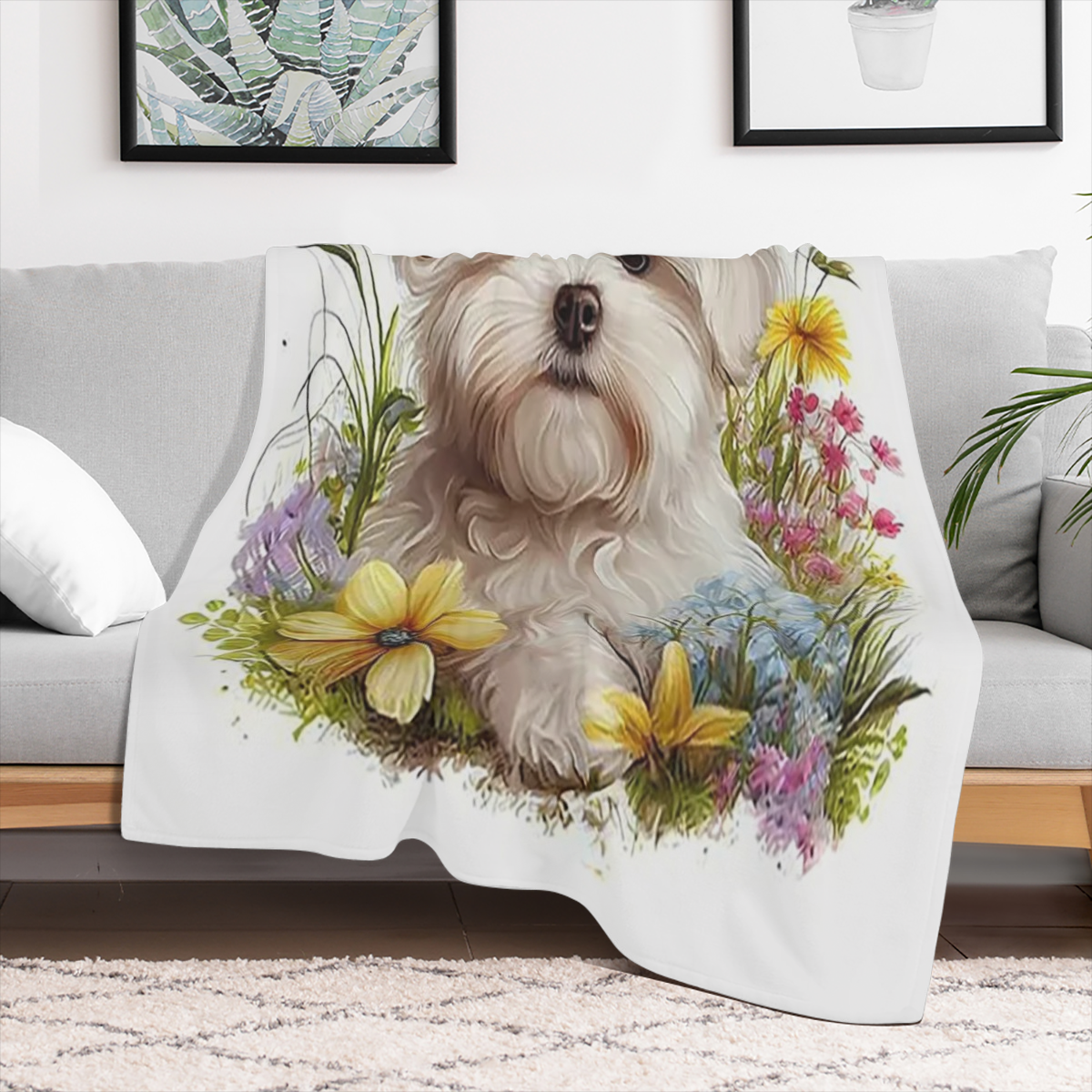 1pc Manta de Franela con Estampado de Cachorro Blanco Adorable y Flores, Suave, C¨¢lida, Acogedora, Lavable a M¨¢quina, Manta para Todas las Estaciones para Sof¨¢, Cama, Coche, Camping, Oficina, Decor