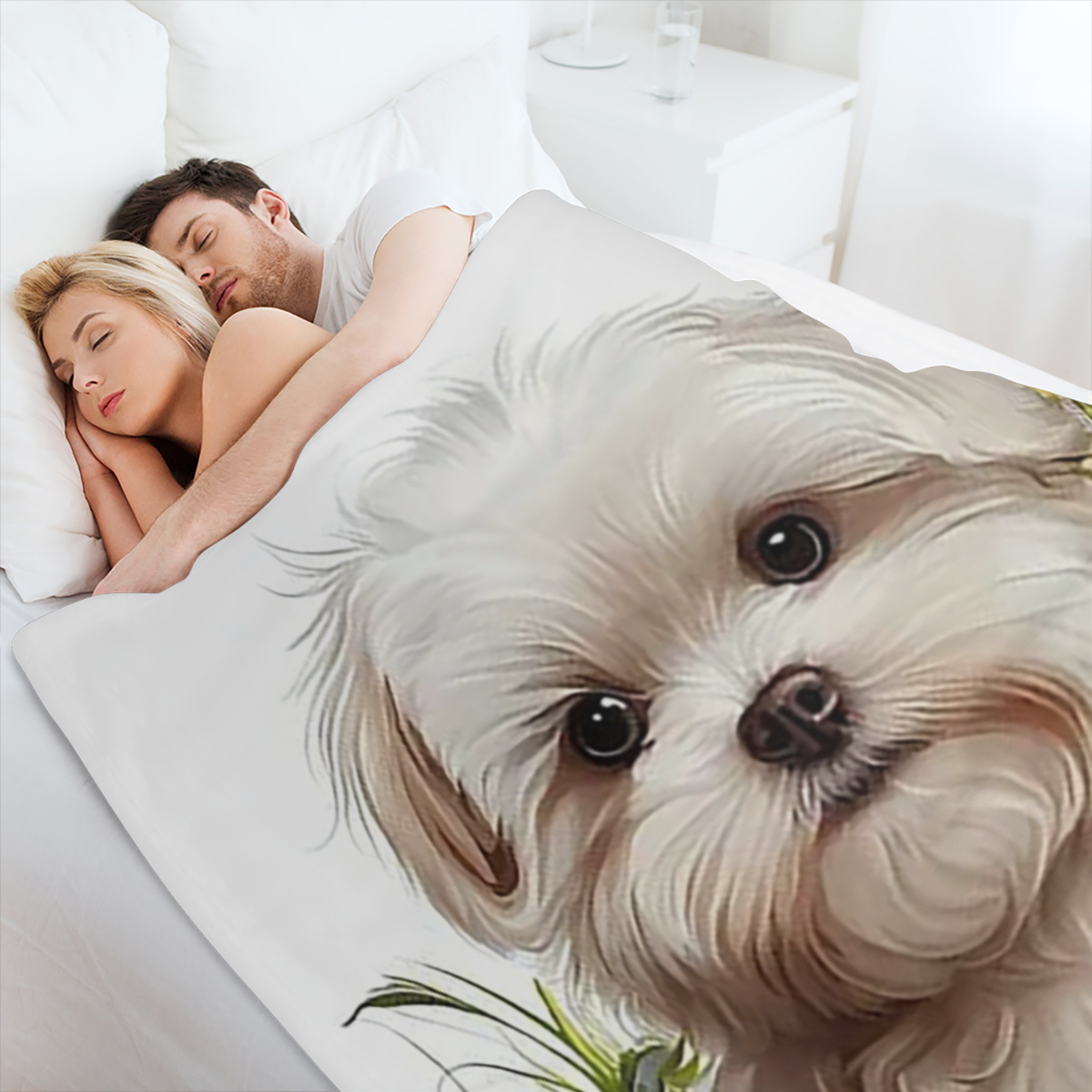 1pc Manta de Franela con Estampado de Cachorro Blanco Adorable y Flores, Suave, C¨¢lida, Acogedora, Lavable a M¨¢quina, Manta para Todas las Estaciones para Sof¨¢, Cama, Coche, Camping, Oficina, Decor