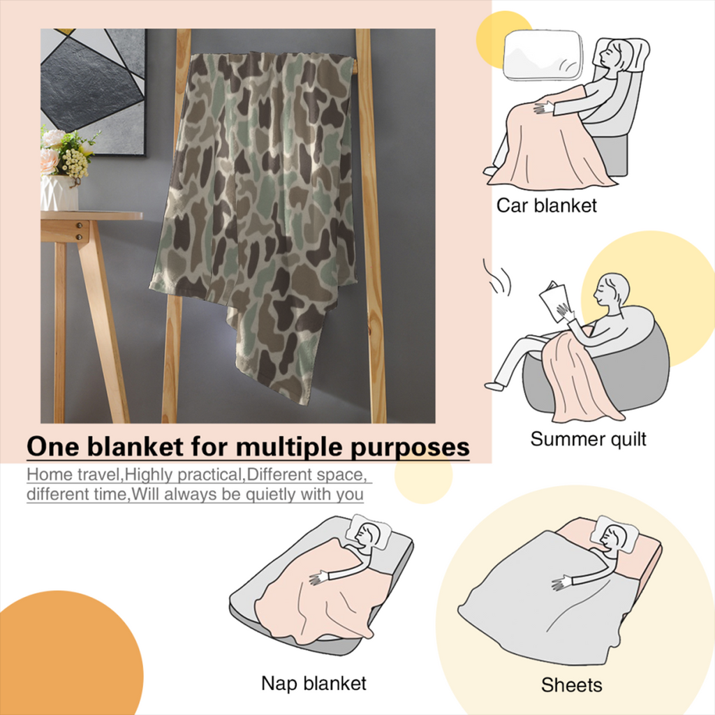 Vintage Duck Camo Throw Blanket, Retro Muted Green Brown Beige Hunting Camouflage Soft Flannel Blanket, Outdoor Rustic Cabin Home Decor