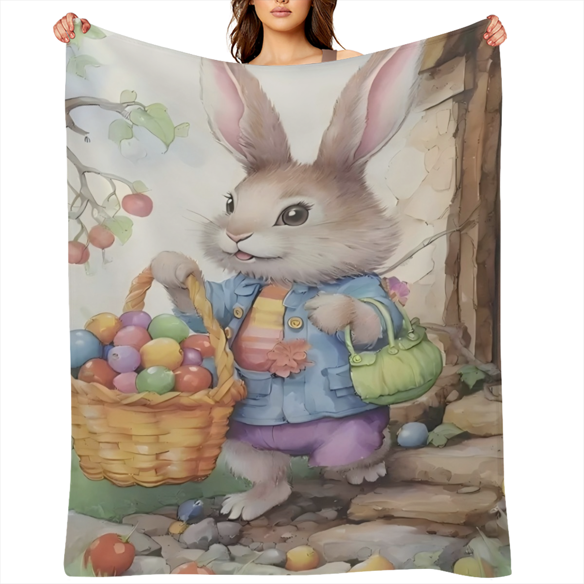 1pc Easter Bunny Egg Cute Print Flannel Blanket, Soft Warm Cozy Skin- friendly Machine Washable Blanket For Sofa Bed Car Camping Office Home Decor, Multipurpose Gift Blanket For All Seasons- 100 Polye