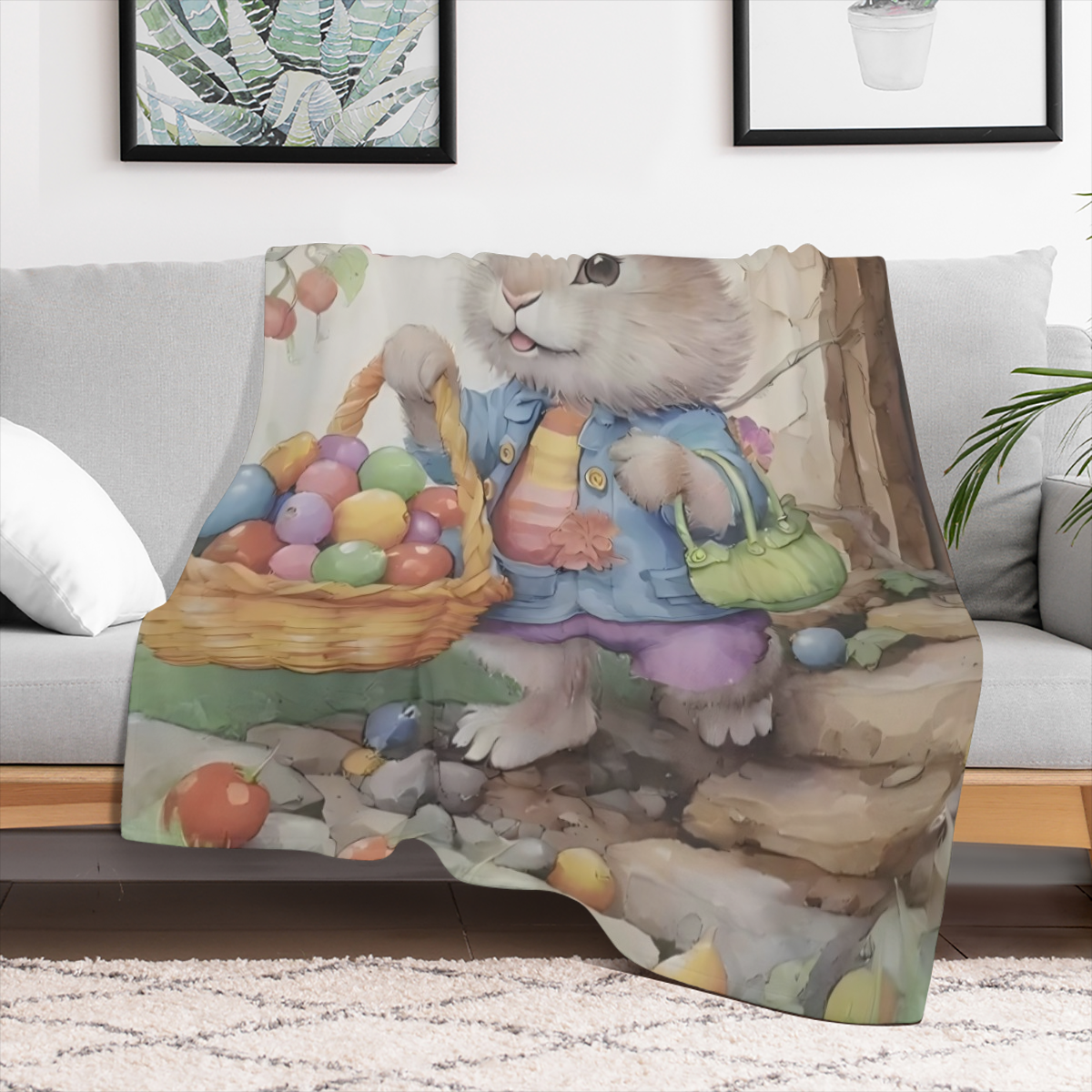 1pc Easter Bunny Egg Cute Print Flannel Blanket, Soft Warm Cozy Skin- friendly Machine Washable Blanket For Sofa Bed Car Camping Office Home Decor, Multipurpose Gift Blanket For All Seasons- 100 Polye