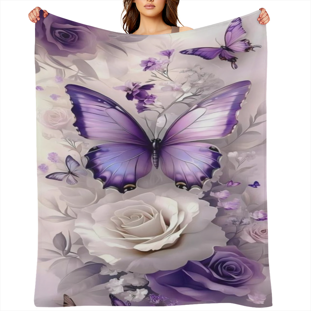Contemporary Purple Flannel Blanket Luxurious Gradient Floral Print Digital Quilting Polyester 200-250 g Tear Resistant Stain Resistant Soft and Warm with Multipurpose Use Perfect for Bedroom Living R