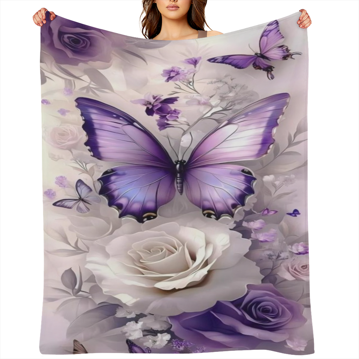 Contemporary Purple Flannel Blanket Luxurious Gradient Floral Print Digital Quilting Polyester 200-250 g Tear Resistant Stain Resistant Soft and Warm with Multipurpose Use Perfect for Bedroom Living R