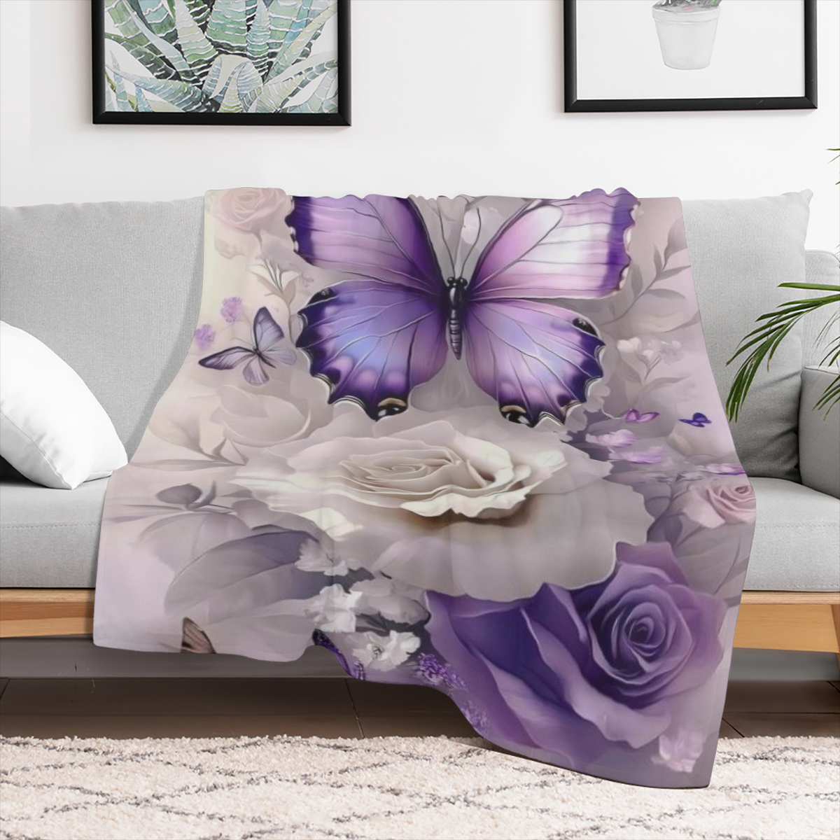 Contemporary Purple Flannel Blanket Luxurious Gradient Floral Print Digital Quilting Polyester 200-250 g Tear Resistant Stain Resistant Soft and Warm with Multipurpose Use Perfect for Bedroom Living R