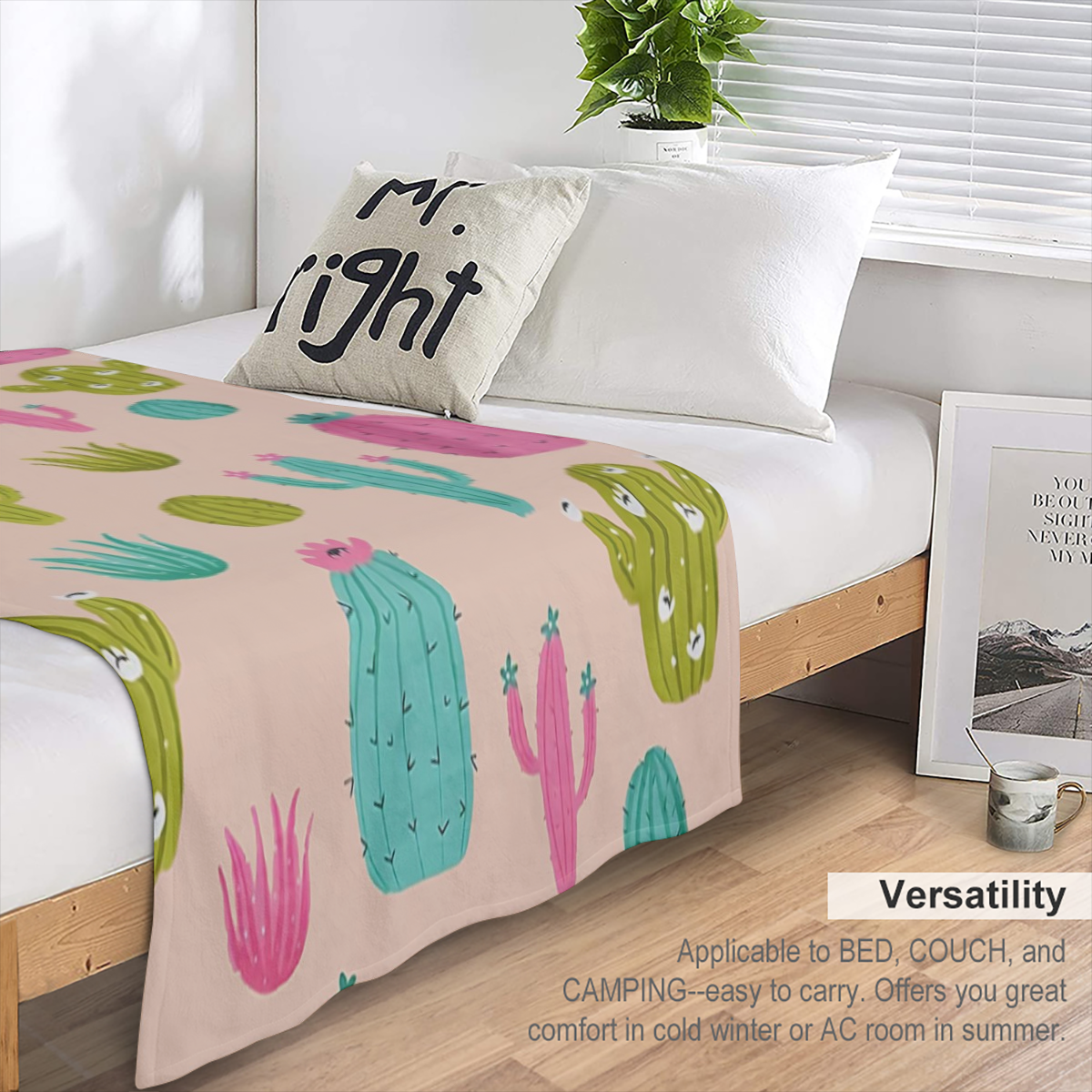 Cozy Cactus Print Flannel Throw Blanket - Ultra- Soft, Warm, and Versatile for Snuggling Up on Couch, Bed, Office, or Travel - Perfect Gift Idea for Friends and Family