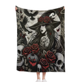 #53 Gothic Halloween Witch with Red Roses and Ravens Spooky Throw Blanket