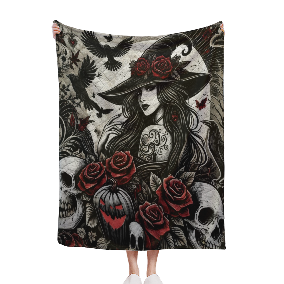 #53 Gothic Halloween Witch with Red Roses and Ravens Spooky Throw Blanket