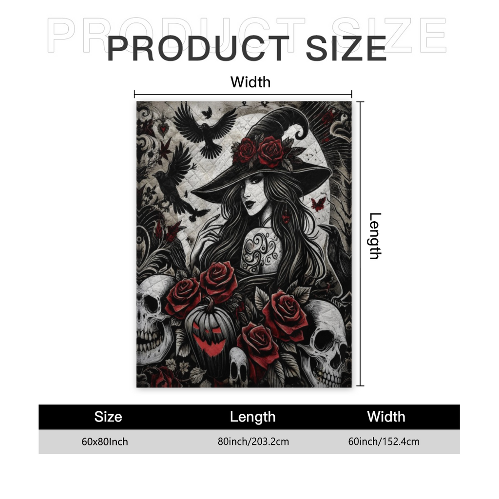 #53 Gothic Halloween Witch with Red Roses and Ravens Spooky Throw Blanket