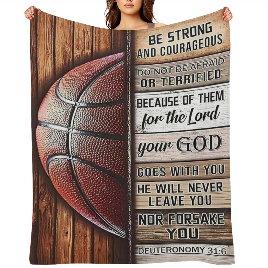 Traditional-style Brown Flannel Fleece Blanket Basketball Theme Wood Texture Background with Bible Inspirational Verses Machine Washable Polyester 100 200-250 g Quilted Digital Print for All Seasons M