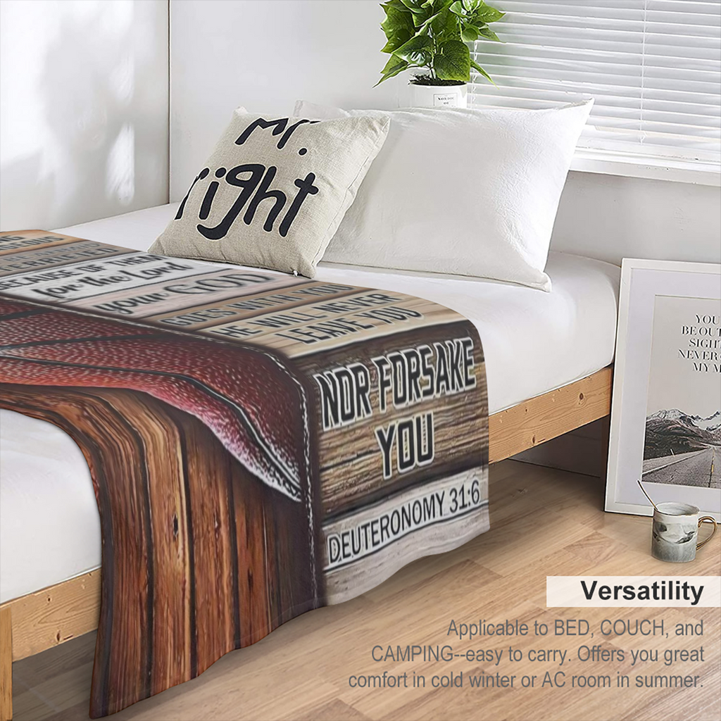 Traditional-style Brown Flannel Fleece Blanket Basketball Theme Wood Texture Background with Bible Inspirational Verses Machine Washable Polyester 100 200-250 g Quilted Digital Print for All Seasons M