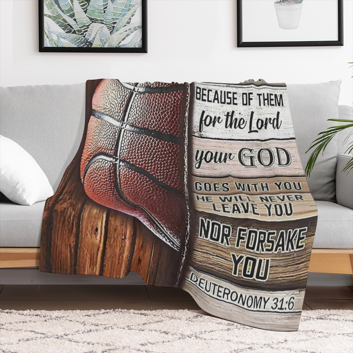 Traditional-style Brown Flannel Fleece Blanket Basketball Theme Wood Texture Background with Bible Inspirational Verses Machine Washable Polyester 100 200-250 g Quilted Digital Print for All Seasons M