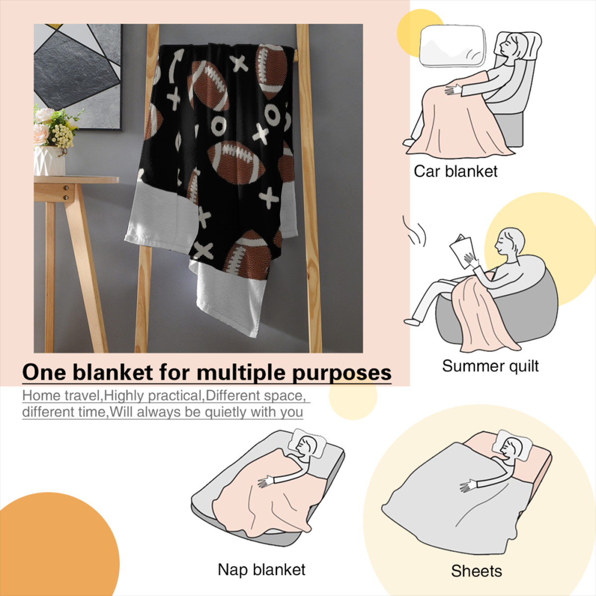 Cozy Football Throw Blanket, Lightweight Soft Sports Bedding for Adults Warm Plush Reversible Rugby Game Blanket Great Holiday Throw Blanket for Bed Sofa, print blanket gift