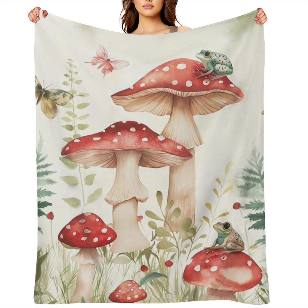 1pc Contemporary Mushroom and Frog Print Flannel Throw Blanket - 100 Polyester, All- Season Cozy Quilted Knit, Soft Warm Home Decor, Travel, Camping Blanket - Ideal Gift for Nature Enthusiasts