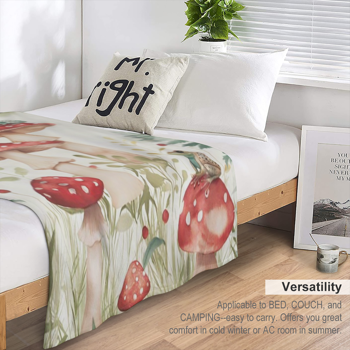 1pc Contemporary Mushroom and Frog Print Flannel Throw Blanket - 100 Polyester, All- Season Cozy Quilted Knit, Soft Warm Home Decor, Travel, Camping Blanket - Ideal Gift for Nature Enthusiasts