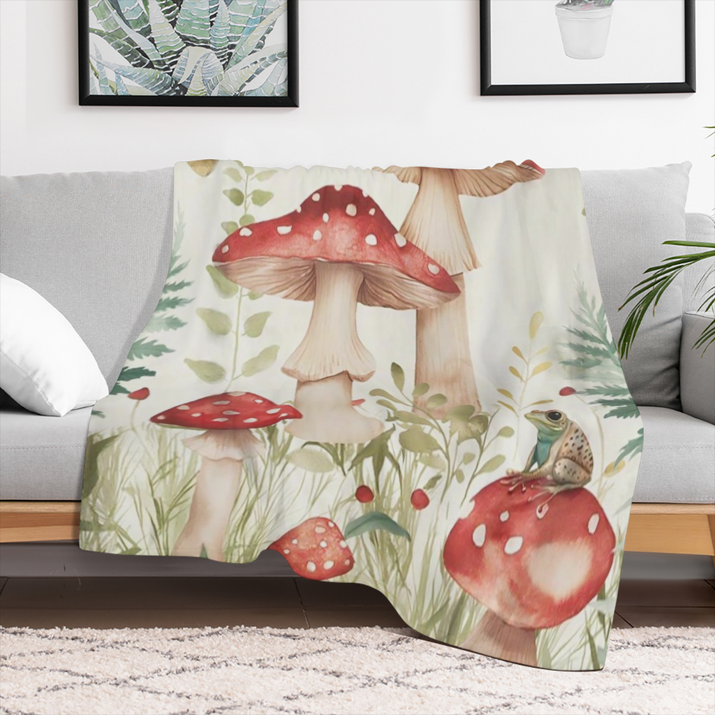 1pc Contemporary Mushroom and Frog Print Flannel Throw Blanket - 100 Polyester, All- Season Cozy Quilted Knit, Soft Warm Home Decor, Travel, Camping Blanket - Ideal Gift for Nature Enthusiasts
