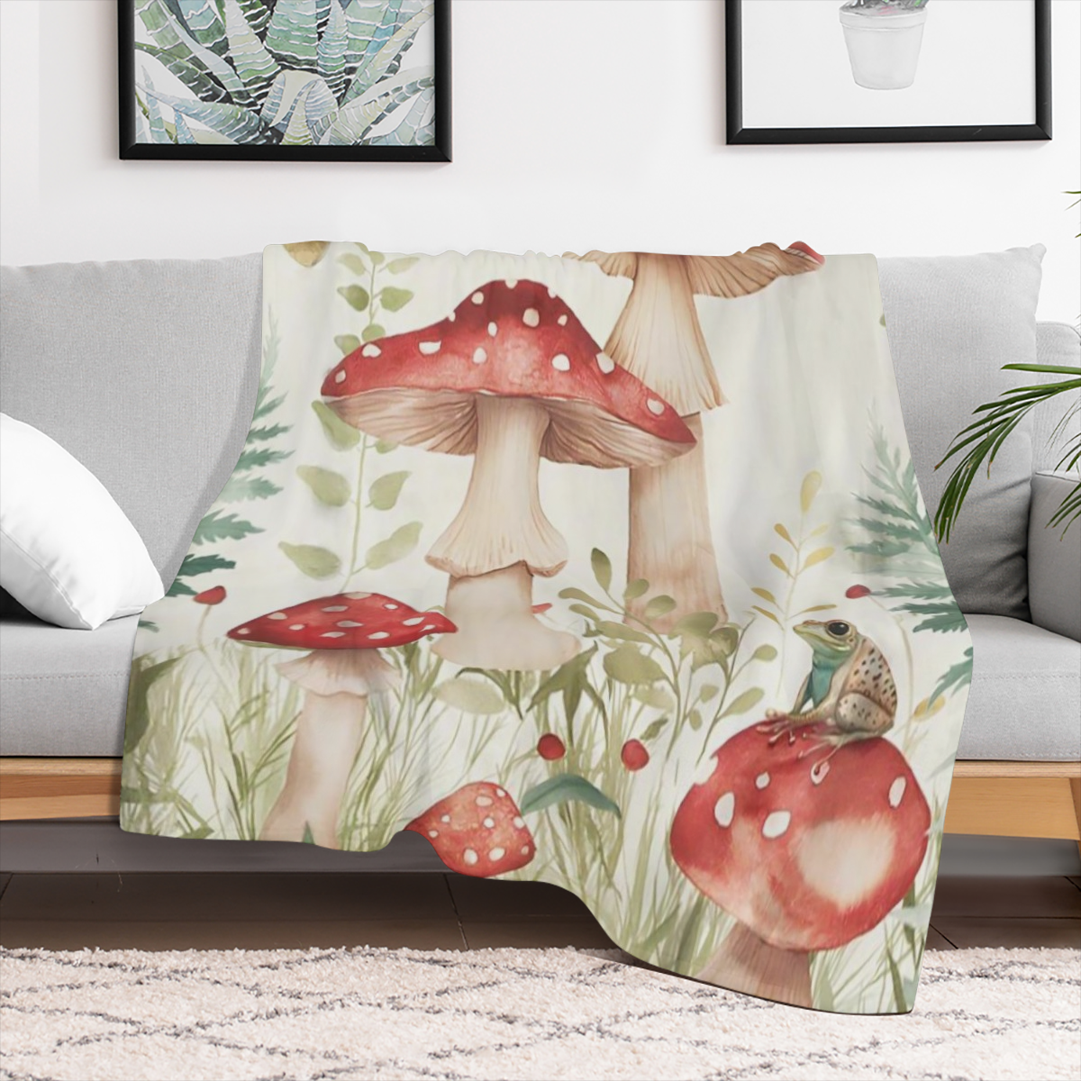 1pc Contemporary Mushroom and Frog Print Flannel Throw Blanket - 100 Polyester, All- Season Cozy Quilted Knit, Soft Warm Home Decor, Travel, Camping Blanket - Ideal Gift for Nature Enthusiasts