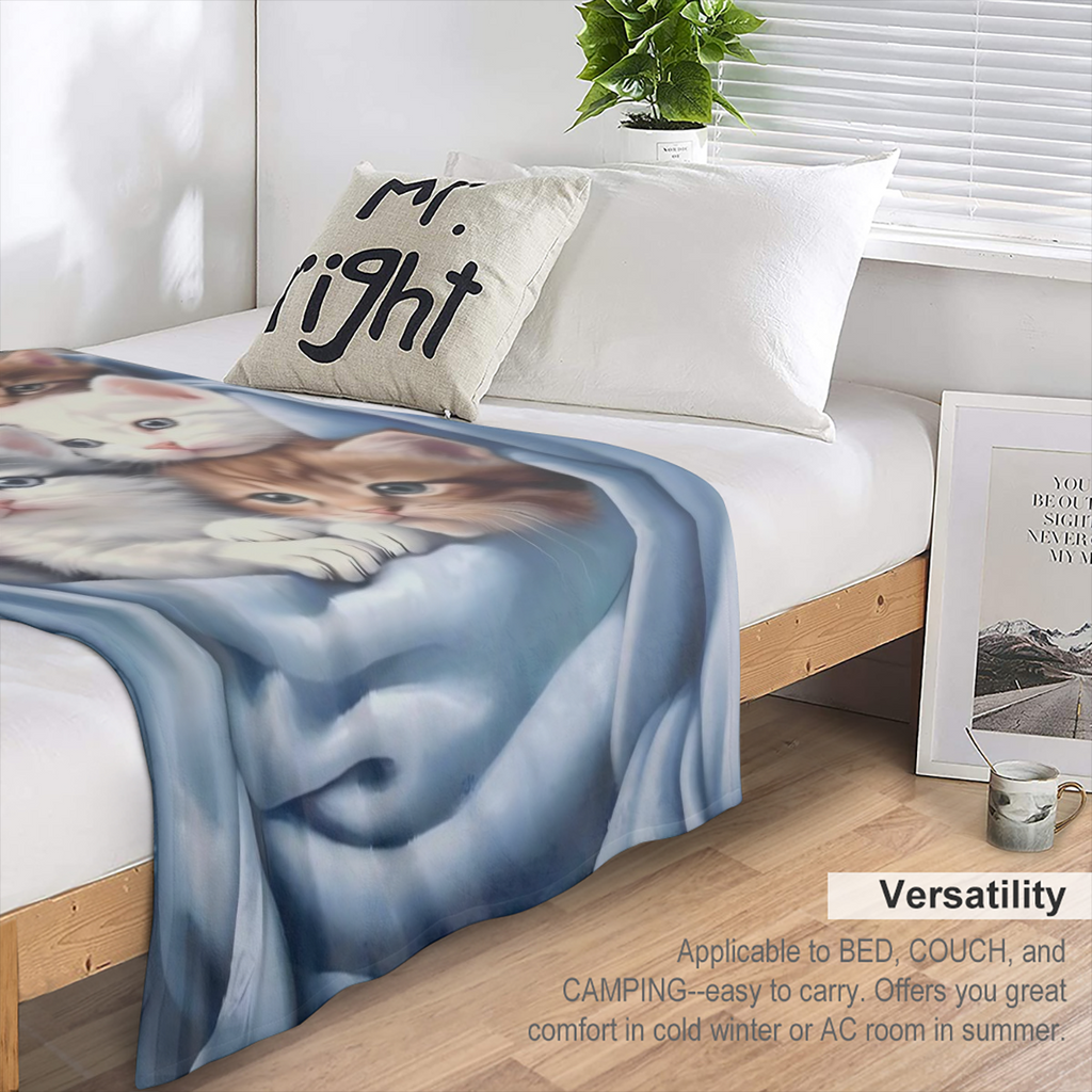 Ultra-Soft Micro Fleece Throw Blanket - Cozy Lightweight Perfect for Sofa Bed Travel Camping Office Chair - Cute Cat Design All-Season Comfort 24.69oz White