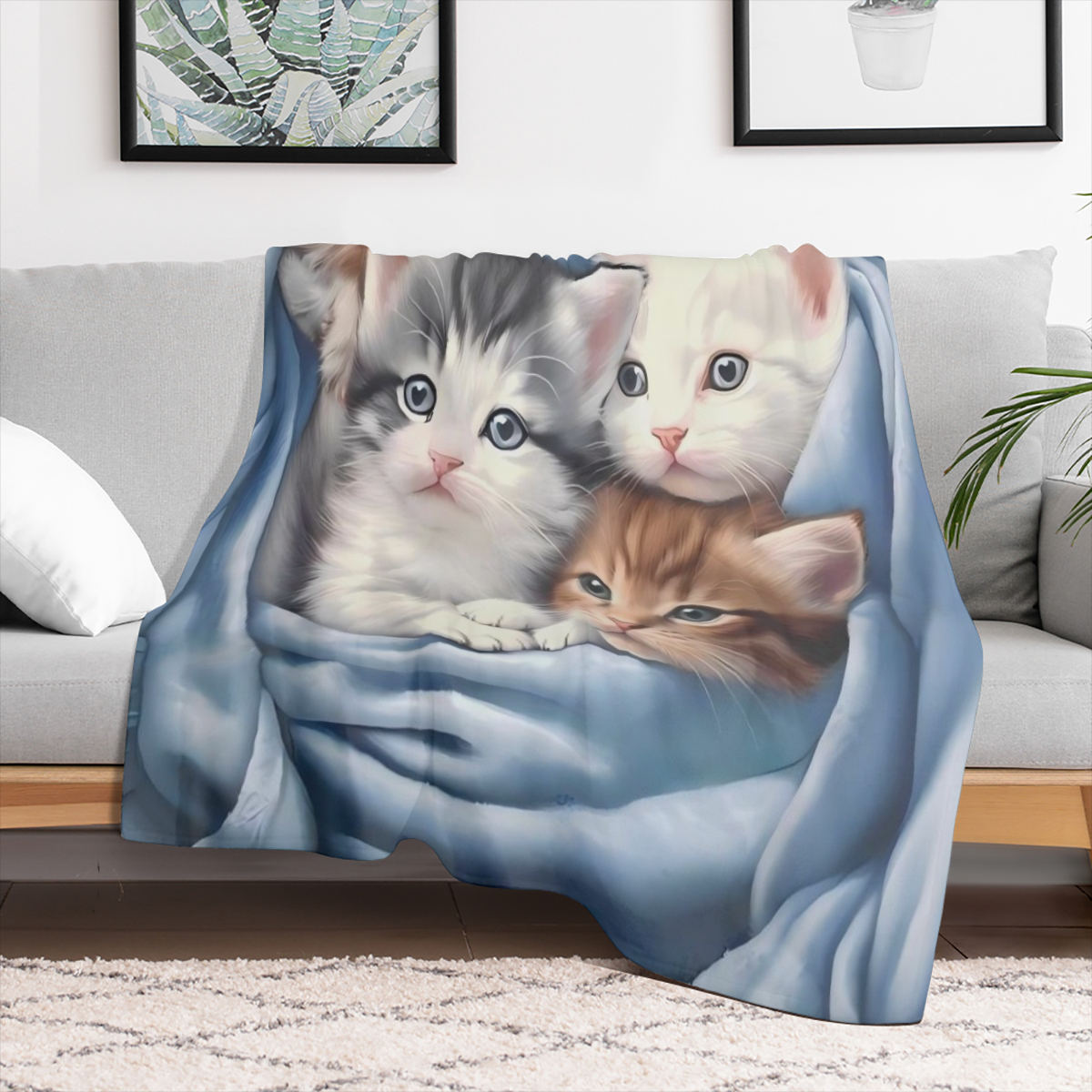 Ultra-Soft Micro Fleece Throw Blanket - Cozy Lightweight Perfect for Sofa Bed Travel Camping Office Chair - Cute Cat Design All-Season Comfort 24.69oz White
