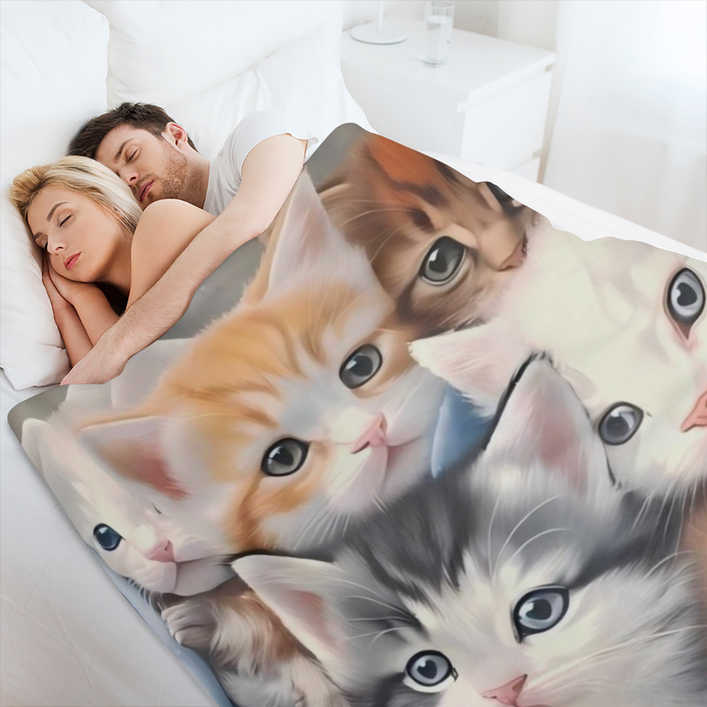 Ultra-Soft Micro Fleece Throw Blanket - Cozy Lightweight Perfect for Sofa Bed Travel Camping Office Chair - Cute Cat Design All-Season Comfort 24.69oz White