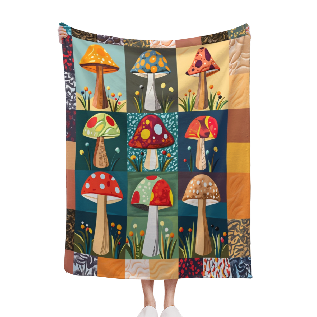 1pc Vintage Mushroom Throw Blanket - Soft Flannel Sofa Bedspread With Retro Mushroom Pattern In Earthy Brown, Green, Blue, Red, Orange, Yellow - All-Season Cozy Home Decor Gift For Living Room, Bedroo
