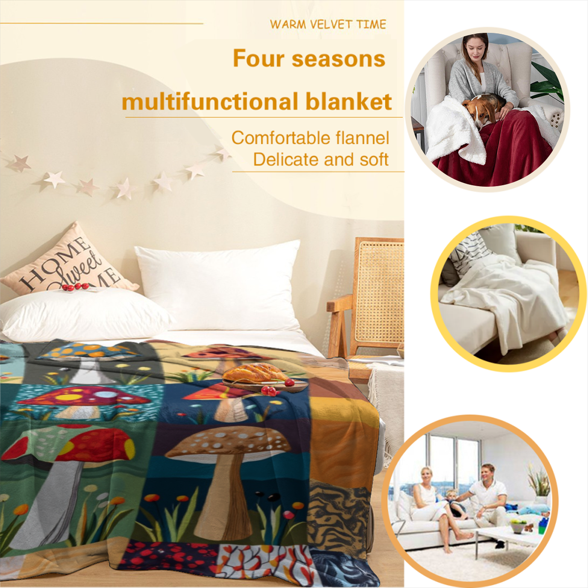 1pc Vintage Mushroom Throw Blanket - Soft Flannel Sofa Bedspread With Retro Mushroom Pattern In Earthy Brown, Green, Blue, Red, Orange, Yellow - All-Season Cozy Home Decor Gift For Living Room, Bedroo