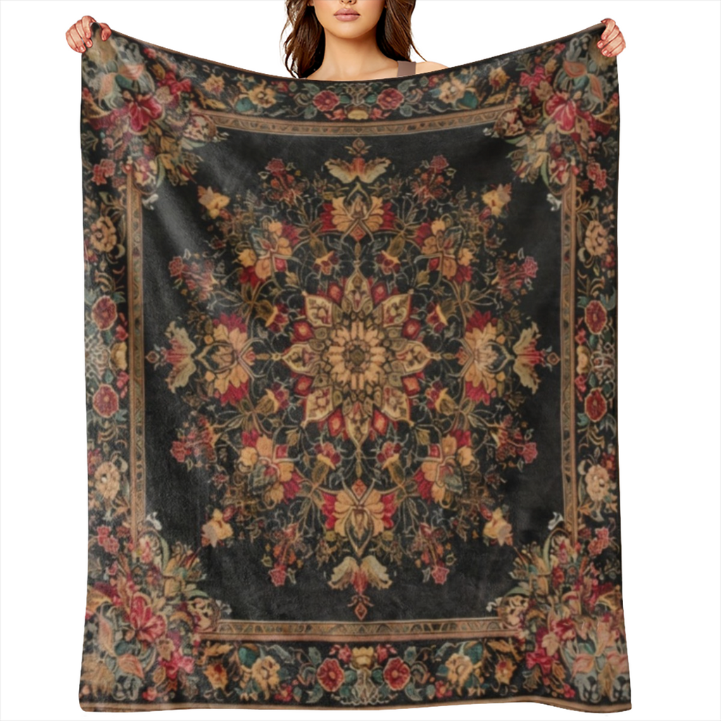 A classic floral- patterned flannel blanket - digitally printed, soft and comfortable for sofas, beds, travel, offices - all season polyester woven tapestry with ethnic design, lightweight 250- 300g f