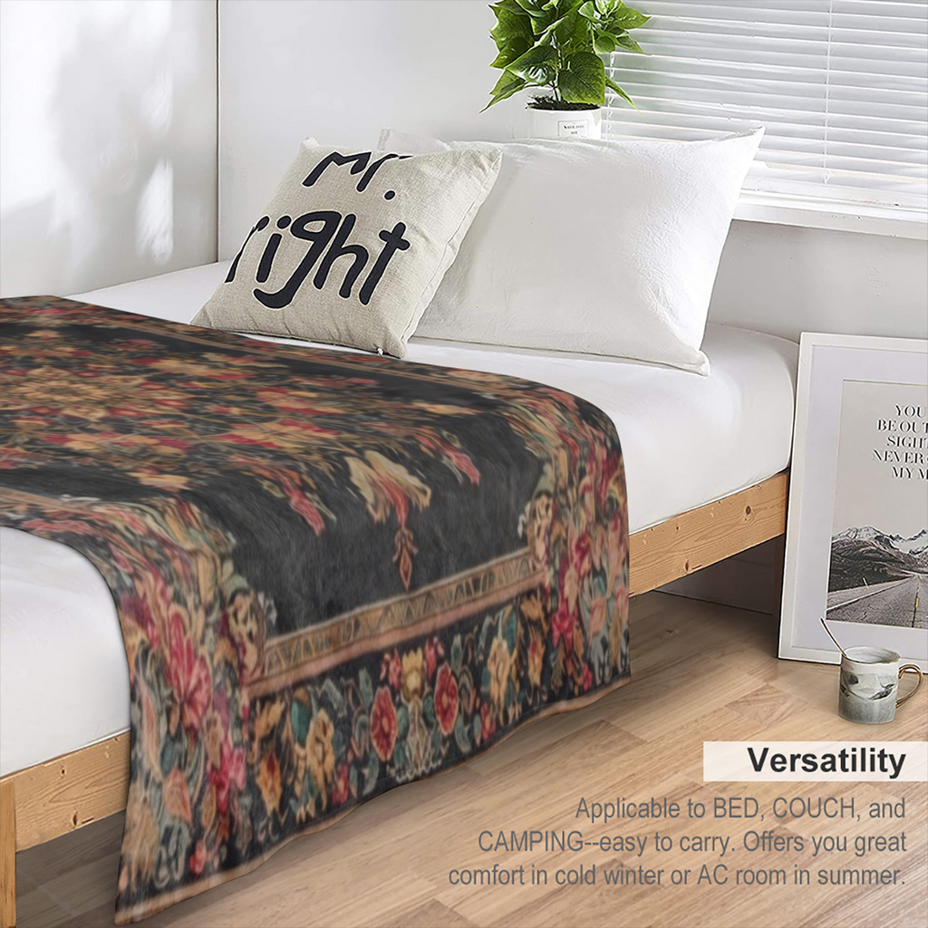 A classic floral- patterned flannel blanket - digitally printed, soft and comfortable for sofas, beds, travel, offices - all season polyester woven tapestry with ethnic design, lightweight 250- 300g f