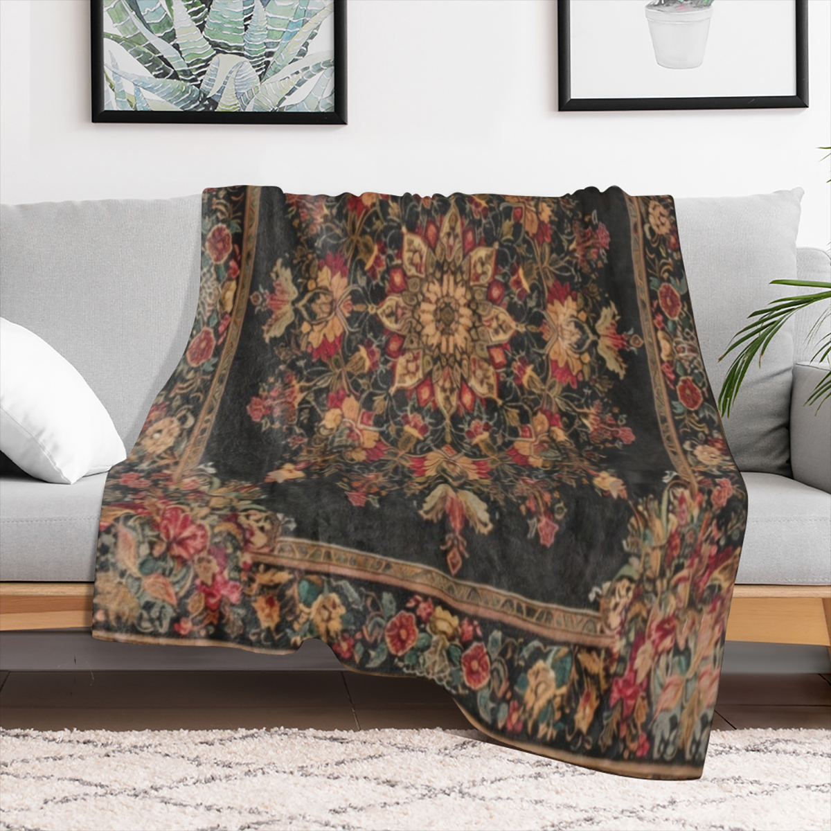 A classic floral- patterned flannel blanket - digitally printed, soft and comfortable for sofas, beds, travel, offices - all season polyester woven tapestry with ethnic design, lightweight 250- 300g f