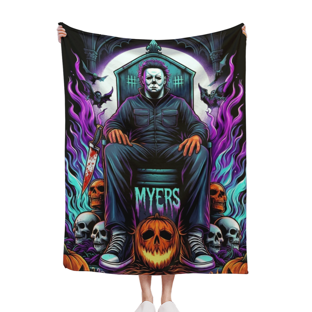 Horror Movie Halloween Blanket - Soft Flannel Throw with Michael Myers Design, Purple & Black Halloween Theme, All-Season Couch, Bed, Camping, Office Decor - Perfect for Horror Fans & Halloween Partie