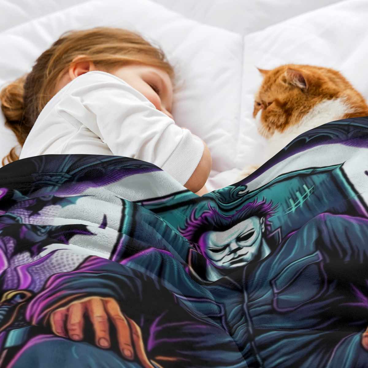 Horror Movie Halloween Blanket - Soft Flannel Throw with Michael Myers Design, Purple & Black Halloween Theme, All-Season Couch, Bed, Camping, Office Decor - Perfect for Horror Fans & Halloween Partie