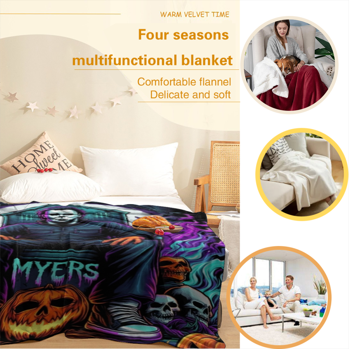 Horror Movie Halloween Blanket - Soft Flannel Throw with Michael Myers Design, Purple & Black Halloween Theme, All-Season Couch, Bed, Camping, Office Decor - Perfect for Horror Fans & Halloween Partie
