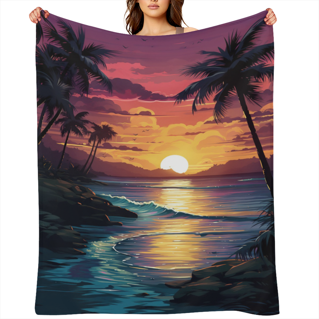 Cozy Tropical Sunset Fleece Blanket Soft 341GSM Flannel Throw with Vibrant Ocean, Palm Tree & Bird Design for Couch, Sofa, Bed, or Office Perfect All- Season Gift
