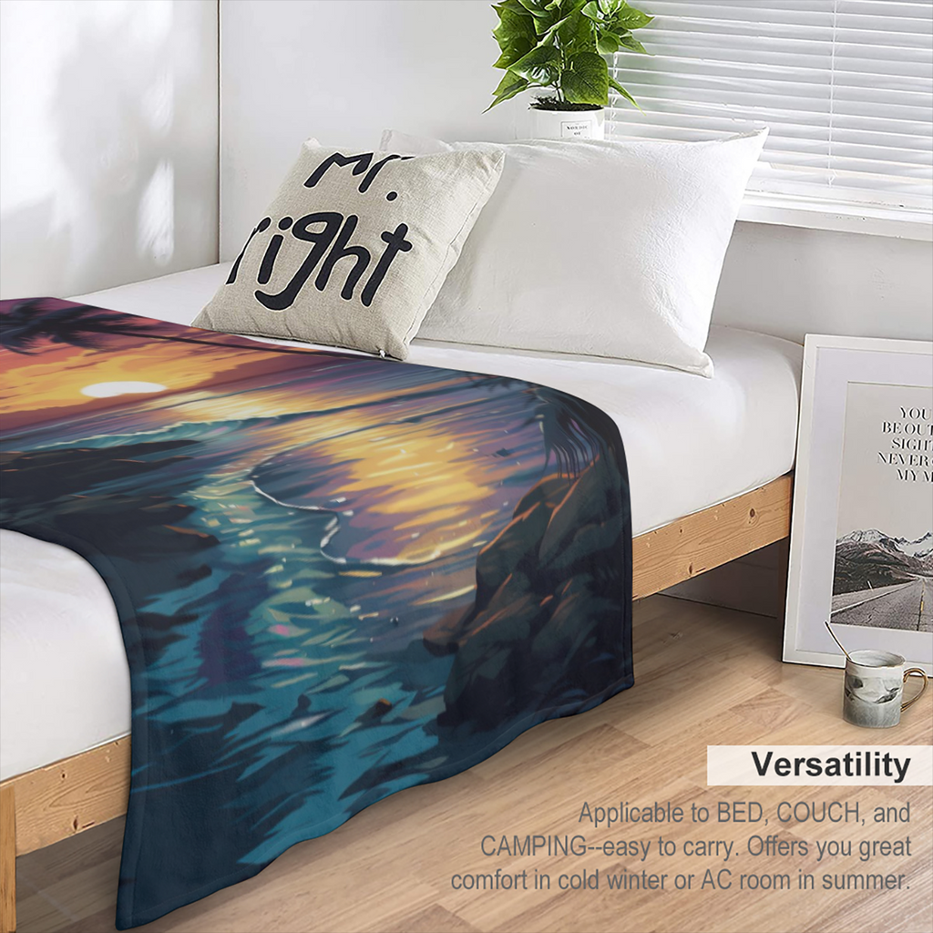 Cozy Tropical Sunset Fleece Blanket Soft 341GSM Flannel Throw with Vibrant Ocean, Palm Tree & Bird Design for Couch, Sofa, Bed, or Office Perfect All- Season Gift