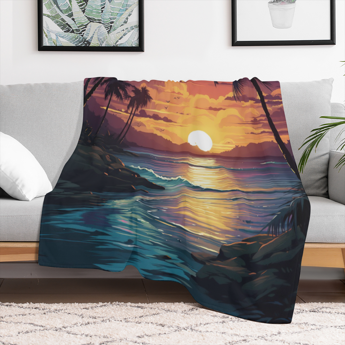 Cozy Tropical Sunset Fleece Blanket Soft 341GSM Flannel Throw with Vibrant Ocean, Palm Tree & Bird Design for Couch, Sofa, Bed, or Office Perfect All- Season Gift