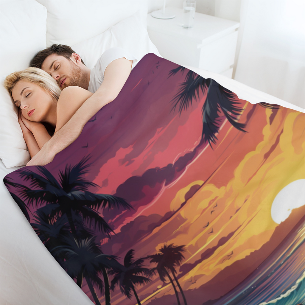 Cozy Tropical Sunset Fleece Blanket Soft 341GSM Flannel Throw with Vibrant Ocean, Palm Tree & Bird Design for Couch, Sofa, Bed, or Office Perfect All- Season Gift