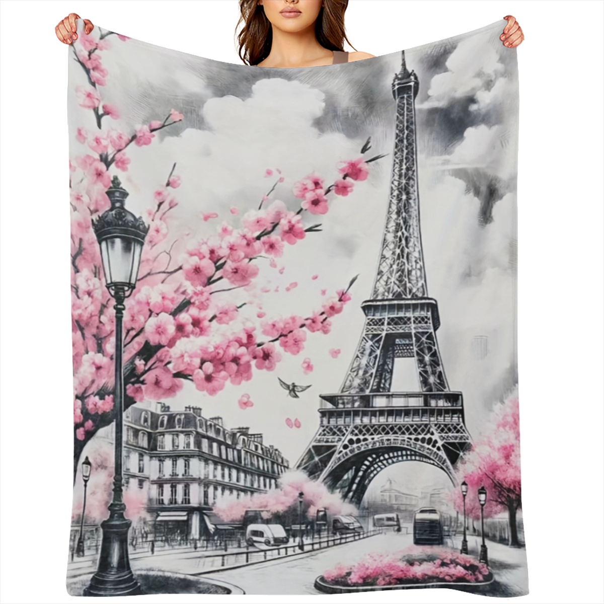 A Paris Eiffel Tower design cover blanket shawl blanket, Paris blanket gift ladies blanket, with pink cherry blossom Paris Eiffel Tower cover blanket, soft, comfortable and lightweight, suitable for r