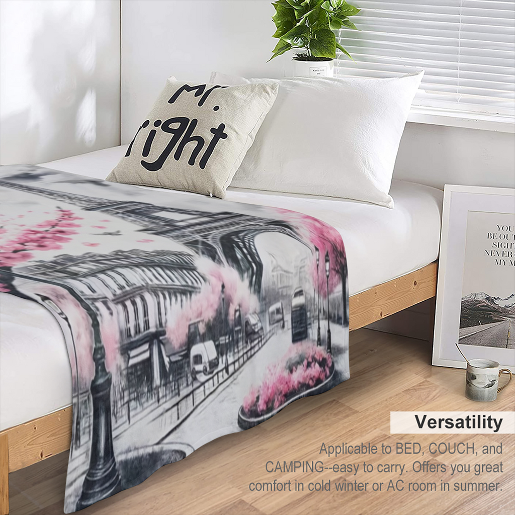 A Paris Eiffel Tower design cover blanket shawl blanket, Paris blanket gift ladies blanket, with pink cherry blossom Paris Eiffel Tower cover blanket, soft, comfortable and lightweight, suitable for r