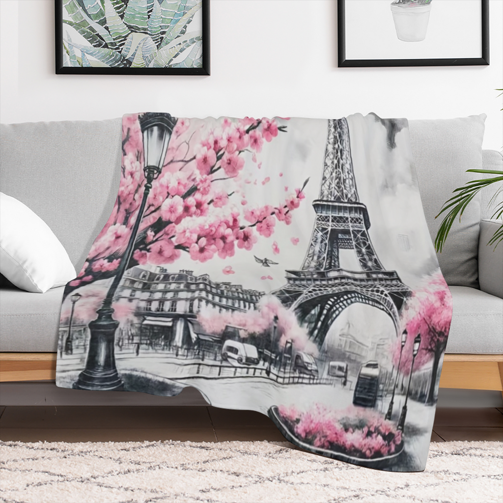 A Paris Eiffel Tower design cover blanket shawl blanket, Paris blanket gift ladies blanket, with pink cherry blossom Paris Eiffel Tower cover blanket, soft, comfortable and lightweight, suitable for r