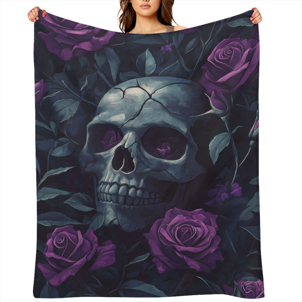 1pc Cozy Gothic Skull Purple Rose Flannel Blanket - Ultra Soft, Warm, and Cozy Throw for Couch, Sofa, Office, Bed, Camping, and Travel - Perfect Gift for Family or Friends