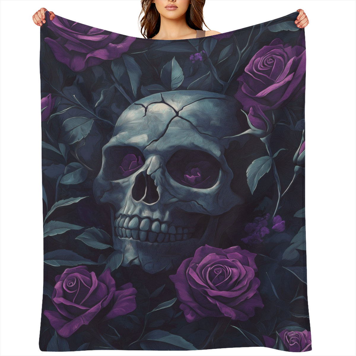 1pc Cozy Gothic Skull Purple Rose Flannel Blanket - Ultra Soft, Warm, and Cozy Throw for Couch, Sofa, Office, Bed, Camping, and Travel - Perfect Gift for Family or Friends