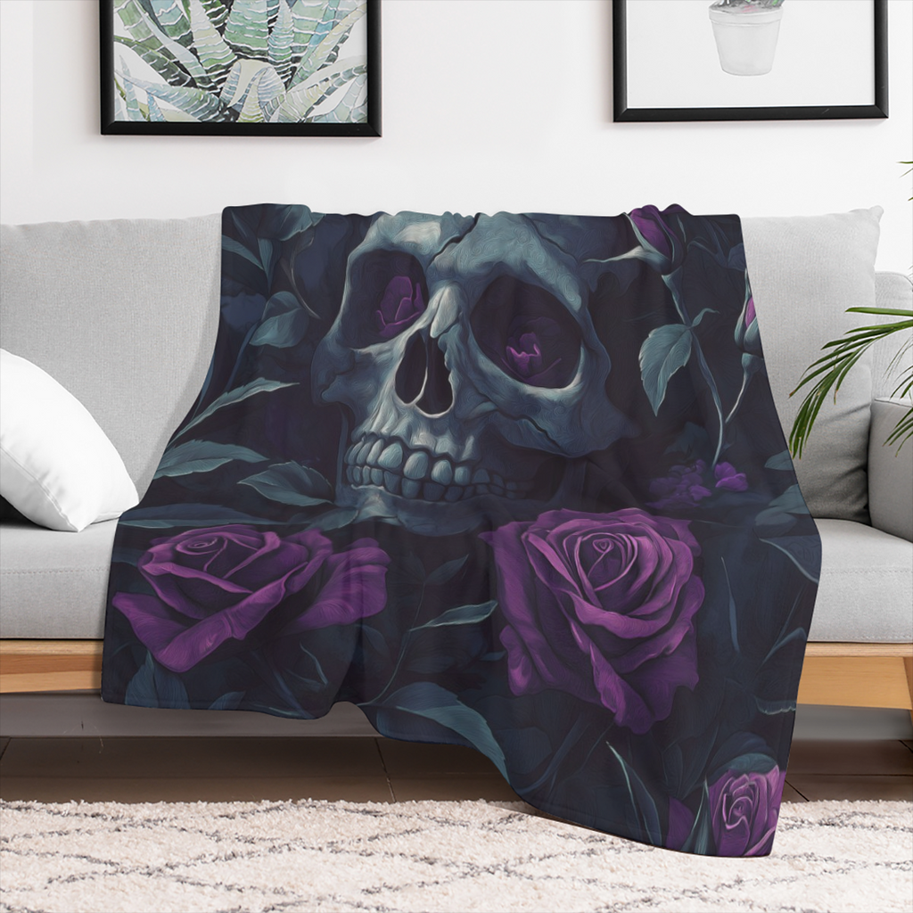 1pc Cozy Gothic Skull Purple Rose Flannel Blanket - Ultra Soft, Warm, and Cozy Throw for Couch, Sofa, Office, Bed, Camping, and Travel - Perfect Gift for Family or Friends