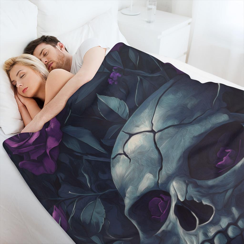1pc Cozy Gothic Skull Purple Rose Flannel Blanket - Ultra Soft, Warm, and Cozy Throw for Couch, Sofa, Office, Bed, Camping, and Travel - Perfect Gift for Family or Friends