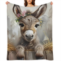 1pc Cozy Cartoon Donkey Flannel Print Blanket Soft, Warm, and Tear-Resistant for All Seasons Rustic Style with Floral Accents Perfect for Sofa, Bed, Office, Travel Ideal Gift for Friends, Sofa Throw R