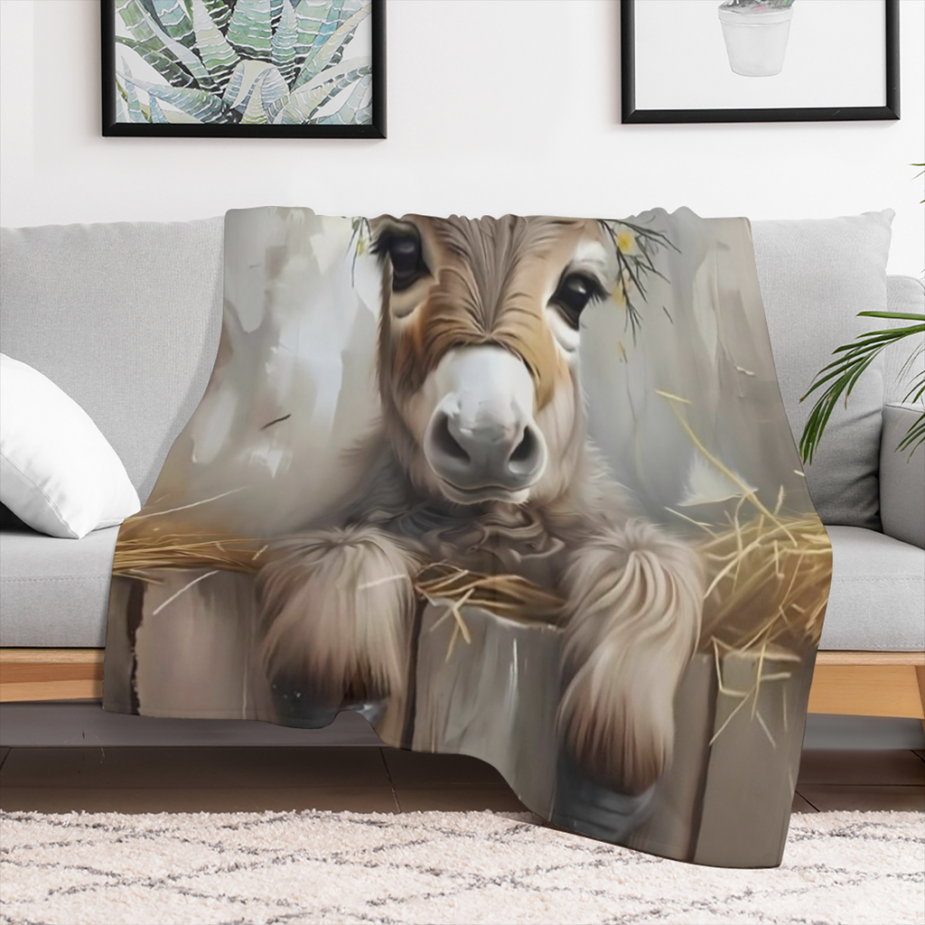 1pc Cozy Cartoon Donkey Flannel Print Blanket Soft, Warm, and Tear-Resistant for All Seasons Rustic Style with Floral Accents Perfect for Sofa, Bed, Office, Travel Ideal Gift for Friends, Sofa Throw R