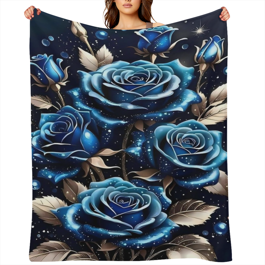 Contemporary Style Dreamy Blue Rose Print Blanket - Lightweight Polyester for Sofa, Bed, Travel, Camping, Living Room, Office, Sofa Chair, and Bed - Digital Printed Fleece - Soft Warm Polyester Fabric
